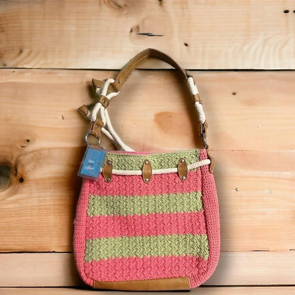 Frankie & Johnnie Pastel Pink Green Crochet Faux Leather Bucket Shoulder Bag